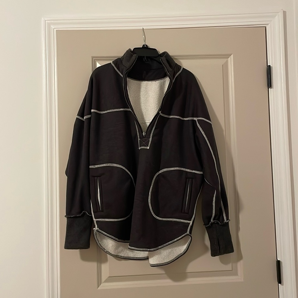 NWOT Free People Gray/Black Quarter Zip Sweater with White Stitching OS